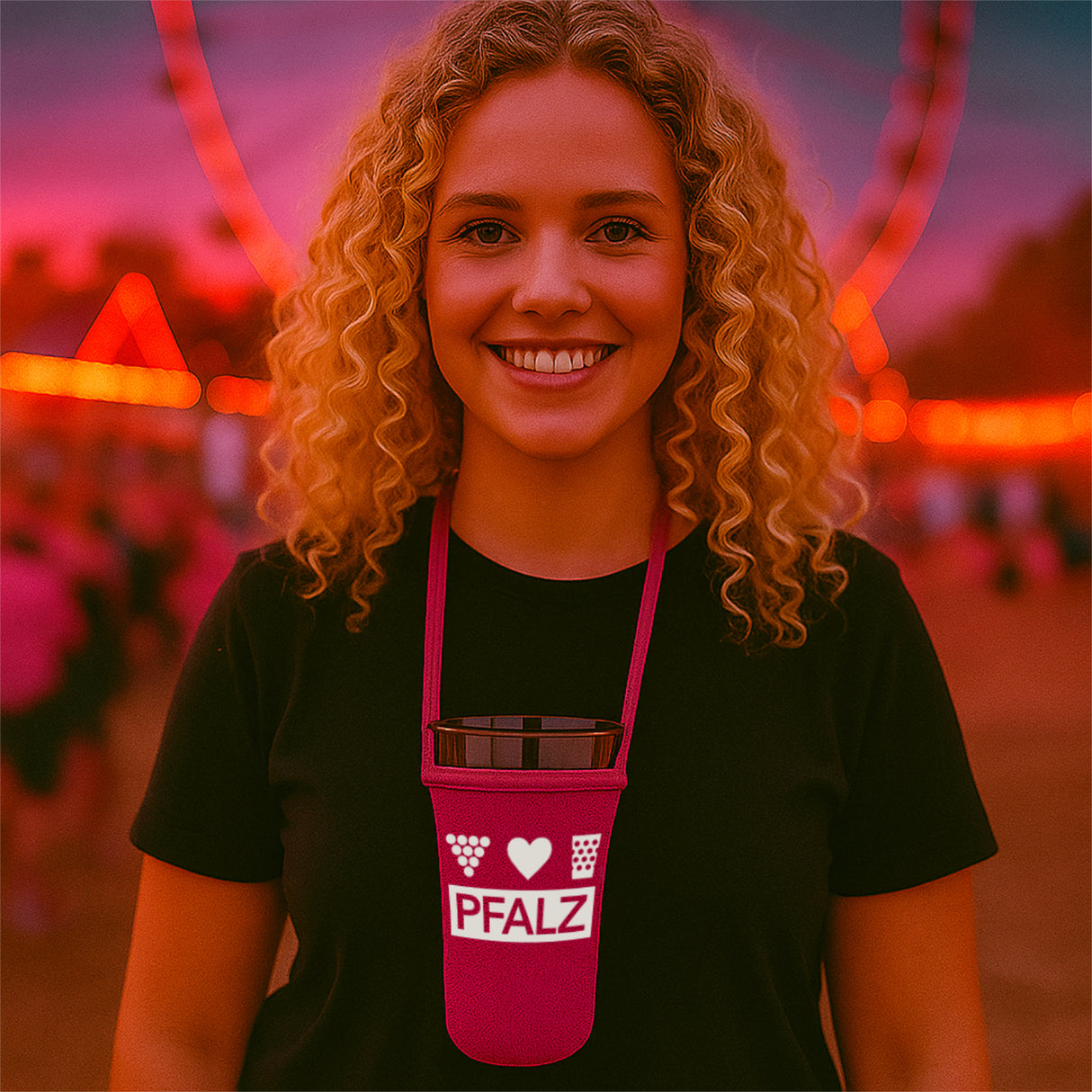 Pfalz Dubbeglashalter in der Farbe Pink, getragen von einer jungen Pfälzer Frau auf dem Wurstmarkt in Bad Dürkheim