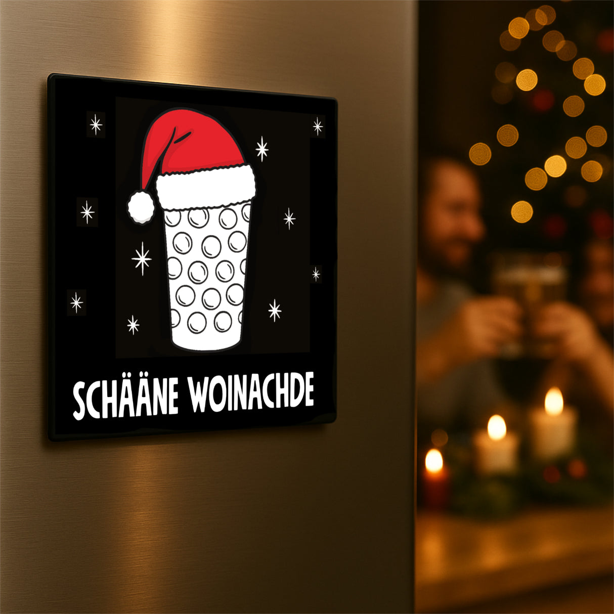 Schääne Woinachde & Dubbeglas Magnet, schwarz - Pfälzer Deko zu Weihnachten
