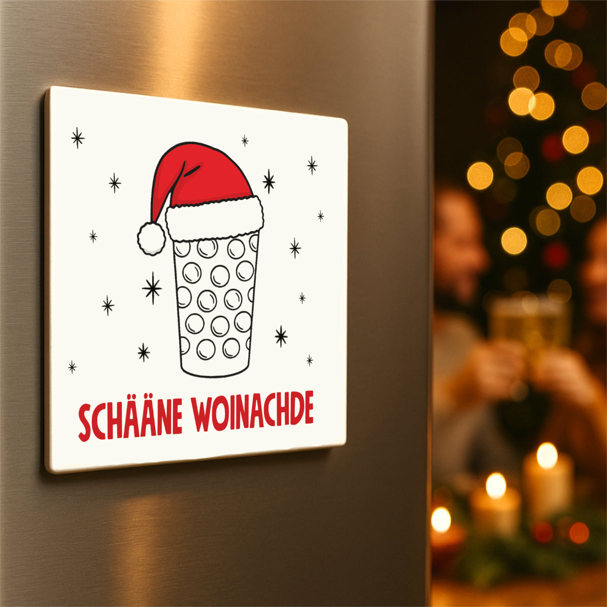 Schääne Woinachde & Dubbeglas Magnet, weiß - Pfälzer Weihnachtdeko