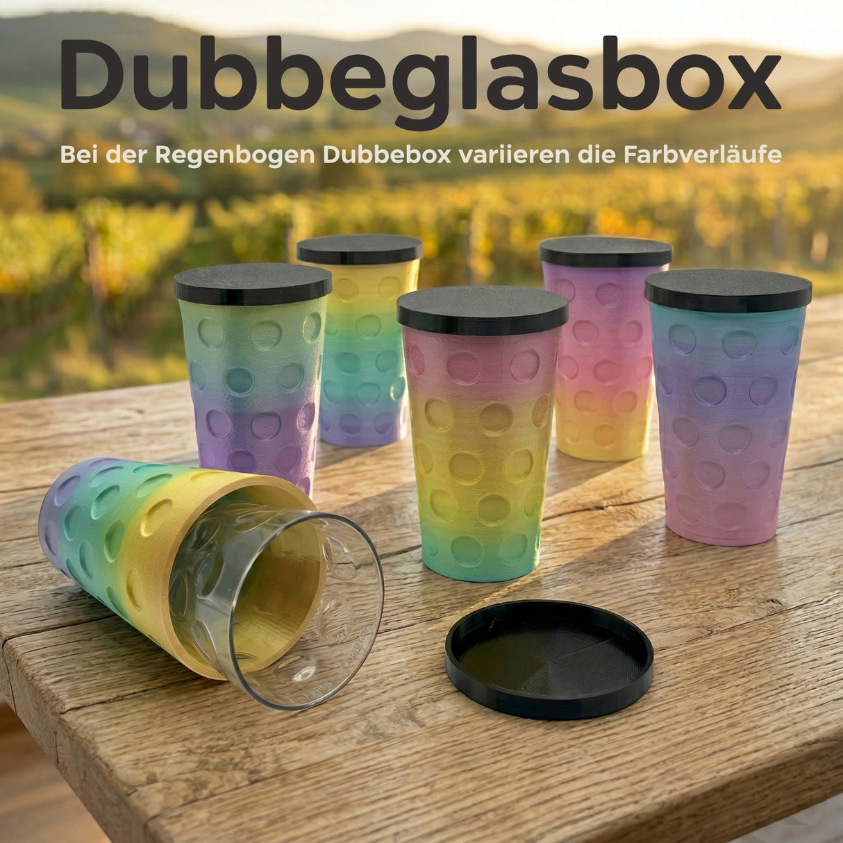 Regenbogen - Dubbeglas Transportbox, bei dieser Dubbebox variieren die Farbverläufe