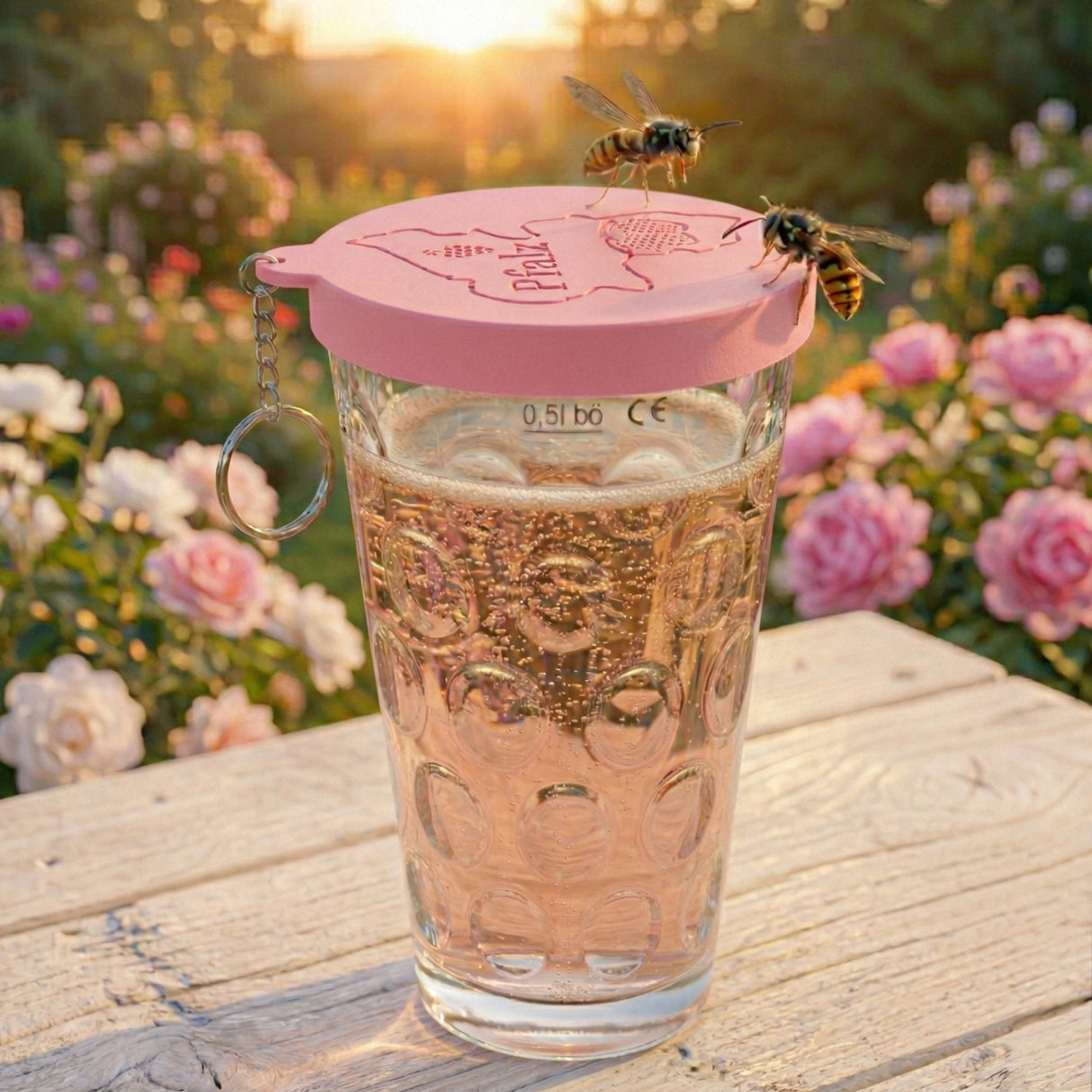 Rosa Dubbedeckel aus Silikon - mit Schorleglas in einem Pfälzer Garten. Schützt vor Wespen.