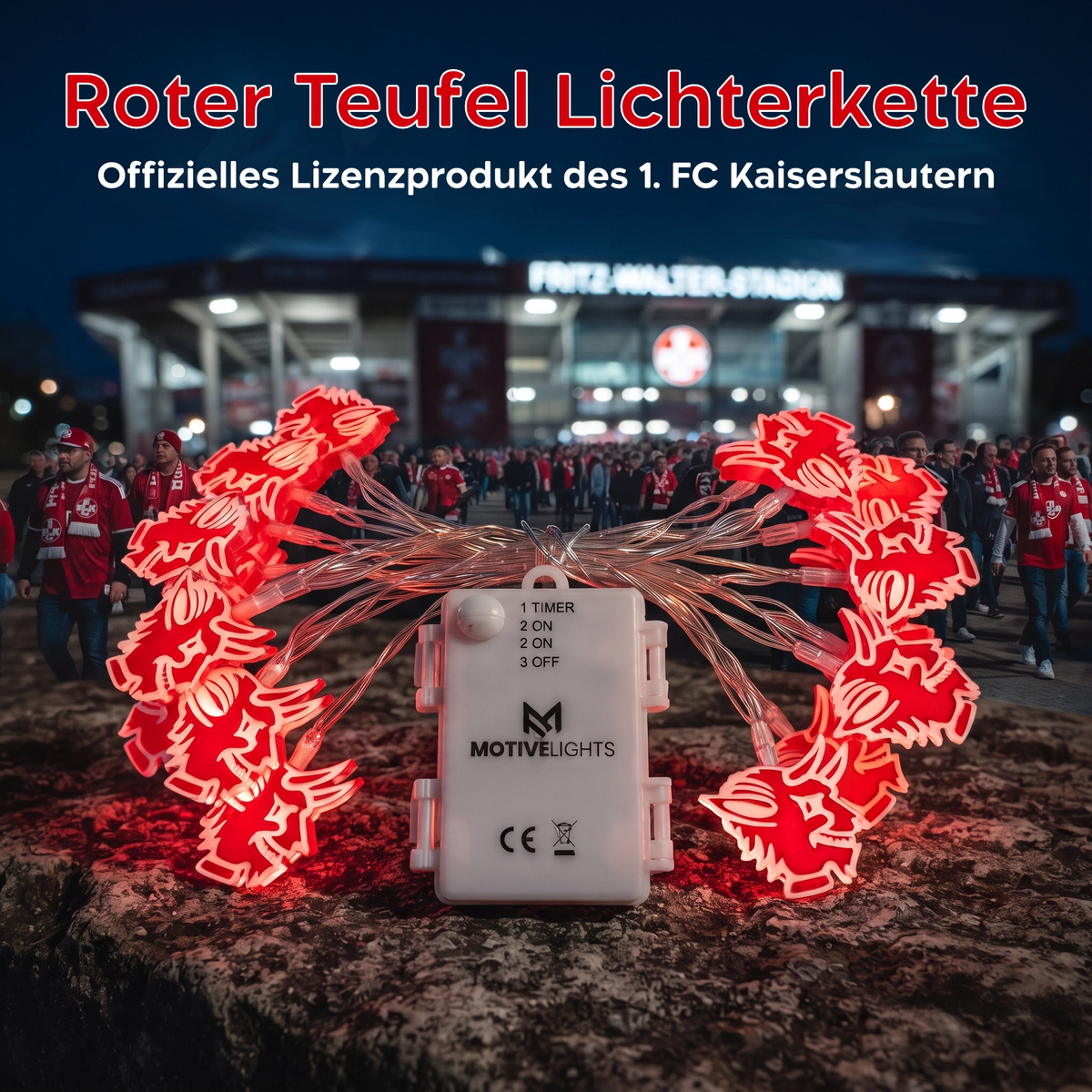 Wenn die Abenddämmerung einsetzt, verwandelt das warme Licht der Teufel-Kette dein Zuhause in eine echte FCK-Fankurve.