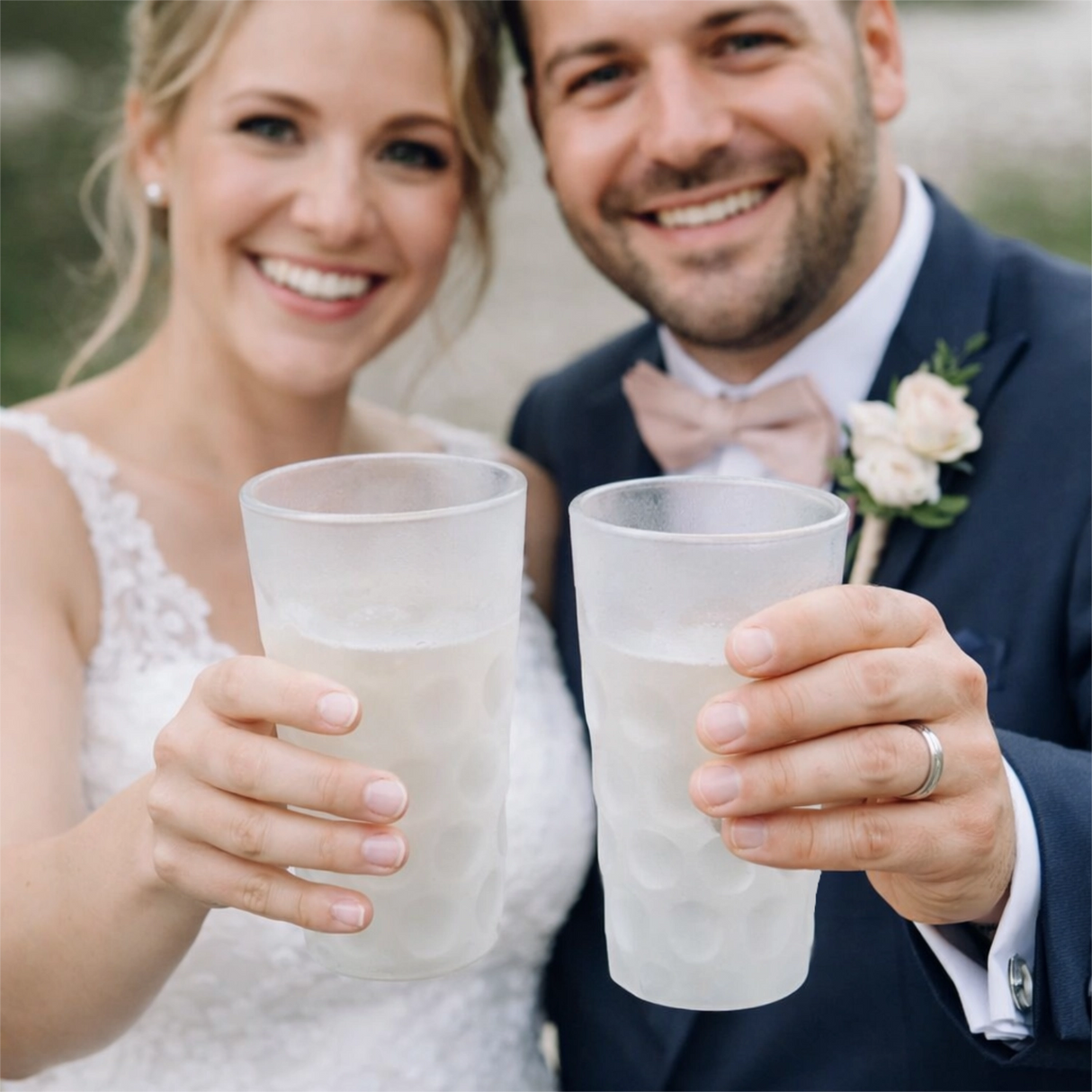 Satinerte Dubbegläser mit einem Pfälzer Brautpaar