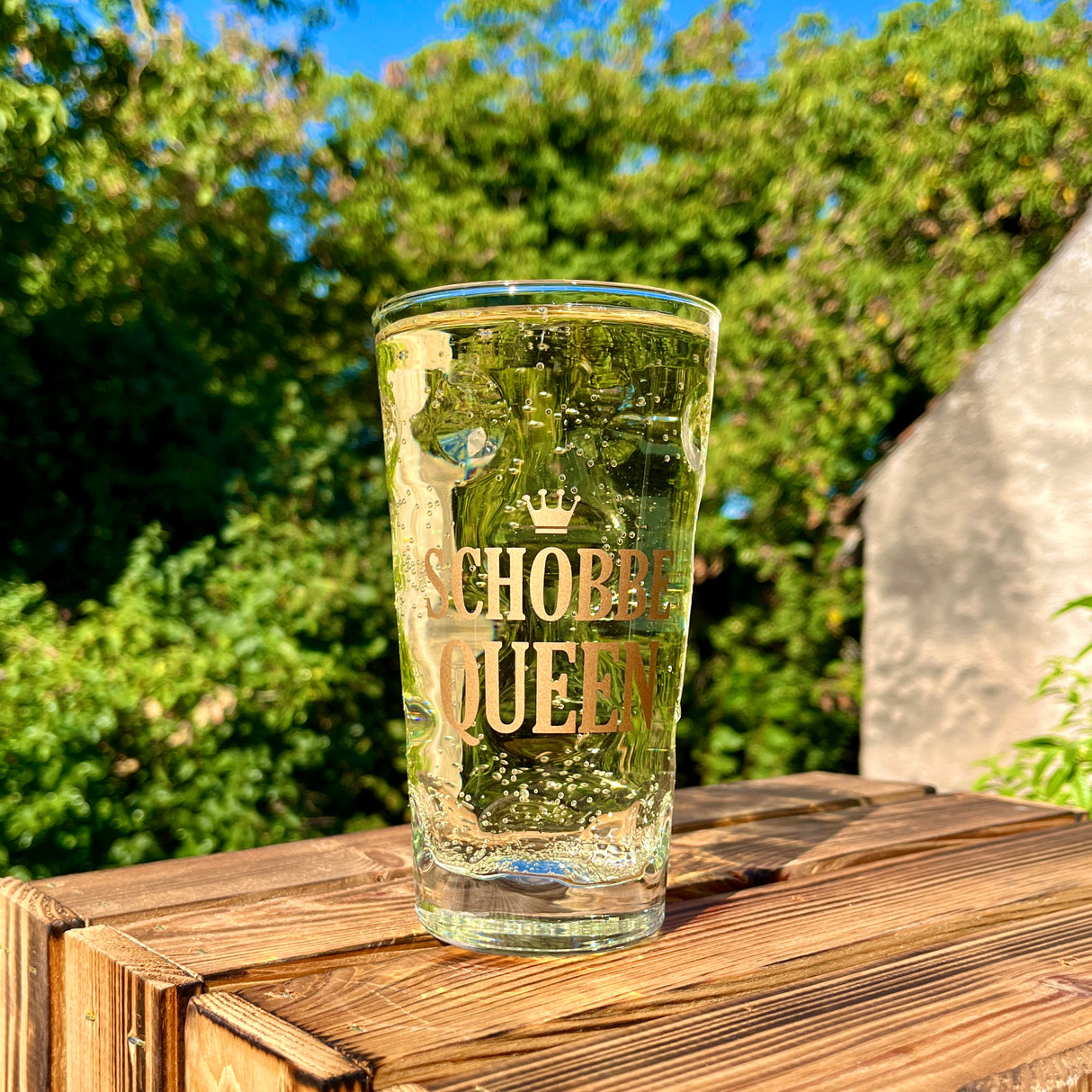 Schobbe Queen 0,5 L Dubbeglas mit Pfälzer Schorle im Garten