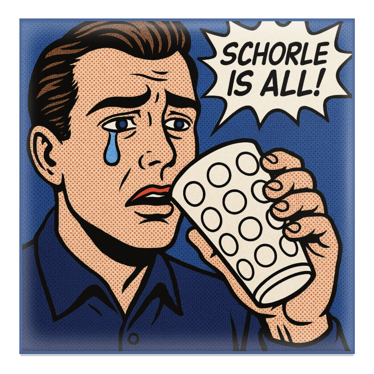 Schorle is all! - Magnet, Blau. Mit einem traurigen Pfälzer da das Dubbeglas leer ist