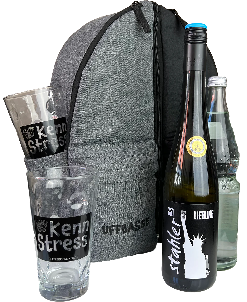 Schorle Rucksack, Dubbegläser, Wein und Sprudel