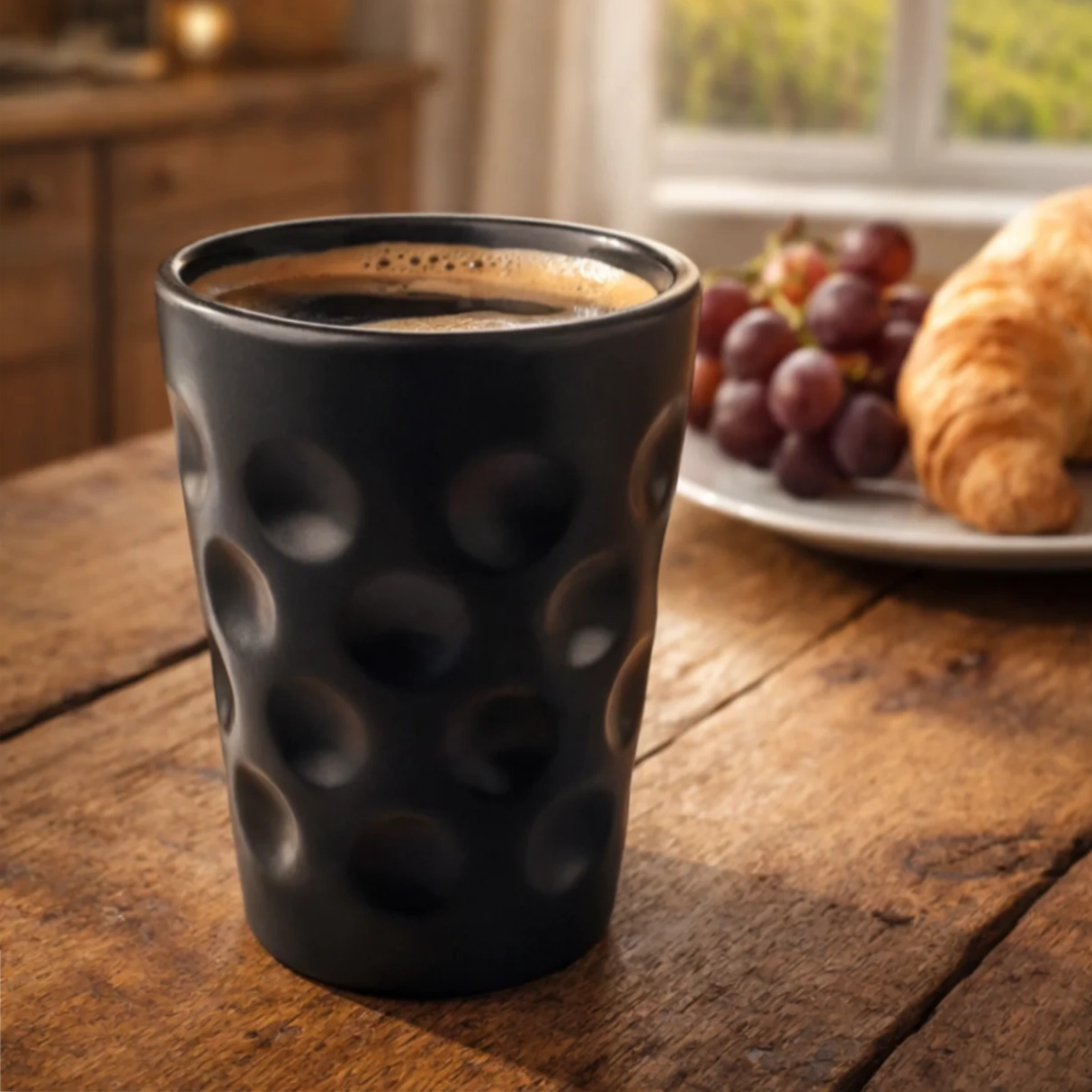 Schwarzer Dubbebecher aus Keramik mit Kaffee