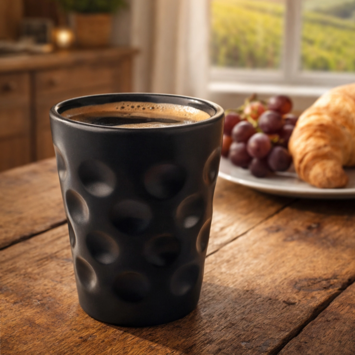 Schwarzer Dubbebecher aus Keramik mit Kaffee