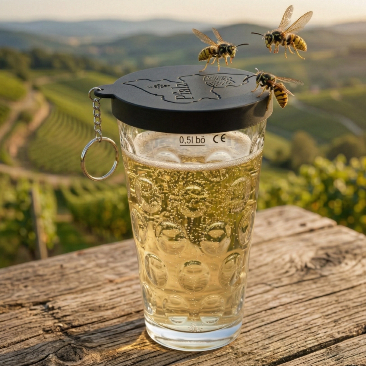 Der schwarze Dubbeglas Deckel schützt die Schorle vor Wespen.