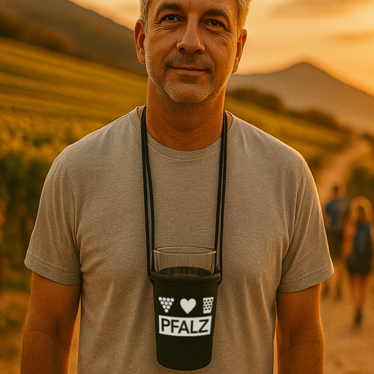 Ein Pfälzer mit dem Pfalz Dubbeglashalter auf einer Weinwanderung