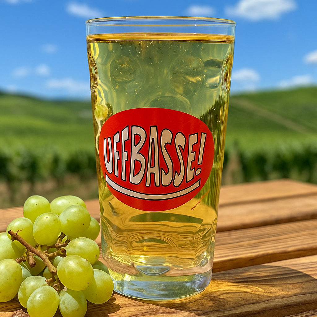 Uffbasse! Dubbeglas 0,5 Liter mit Pfälzer Schorle in den Weinbergen