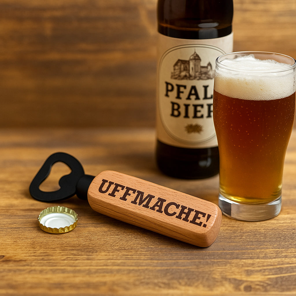 UFFMACHE! Der Pfälzer Flaschenöffner mit einer Flasche "Pfalz Bier" und einem Bierglas