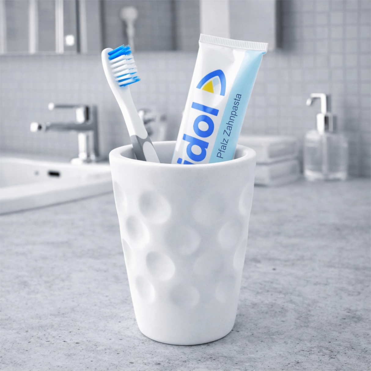 Weißer Keramik Dubbebecher als Zahnputzbecher