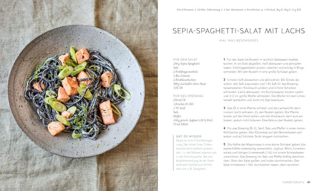 1 Nudel - 40 Salate, Kochbuch von Gina Greifenstein, Sepia-Spaghetti-Salat mit Lachs