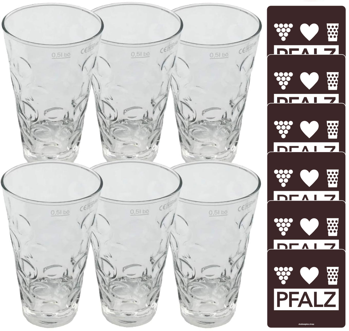 6 x Dubbegläser 0,5 L + PFALZ Untersetzer