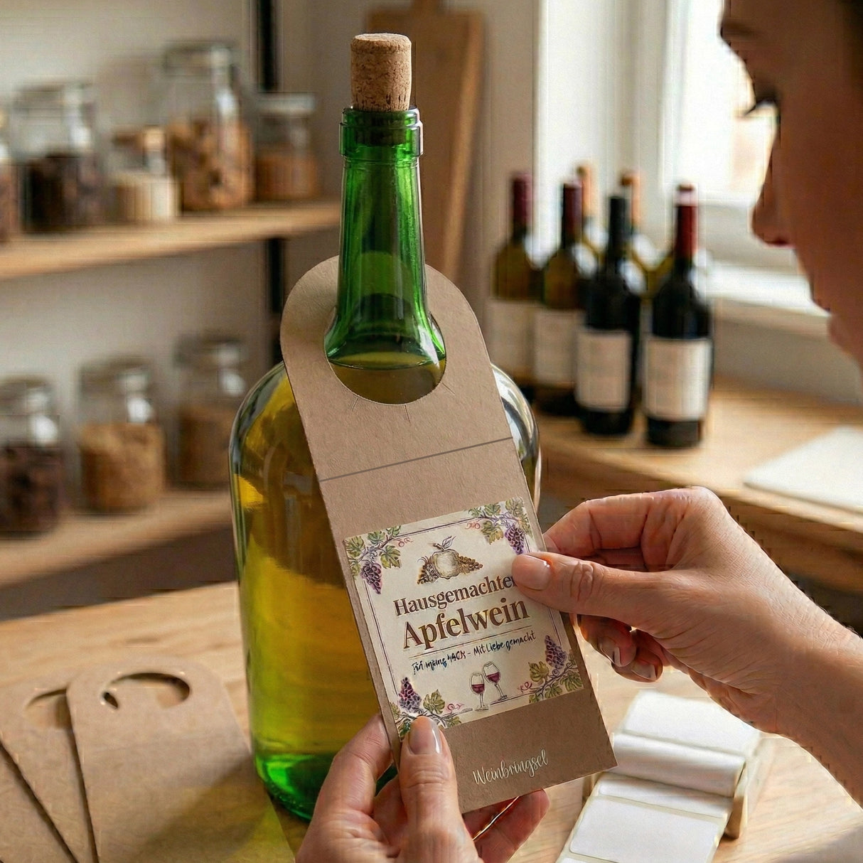 Du kannst den Flaschenanhänger auch mit deinenem eigenen Etikett, oder Firmenaufkleber bekleben.