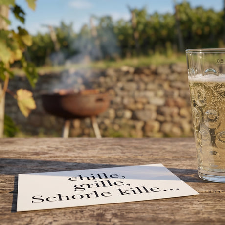 Chille, Grille, Schorle kille... Postkarte, mit Rieslingschorle im Dubbeglas in den Pfälzer Weinbergen