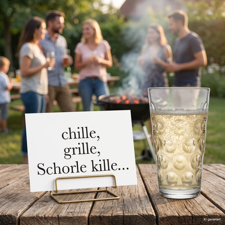 Chille, Grille, Schorle kille... Postkarte auf einer Grillparty, mit Dubbeglas und Rieslingschorle