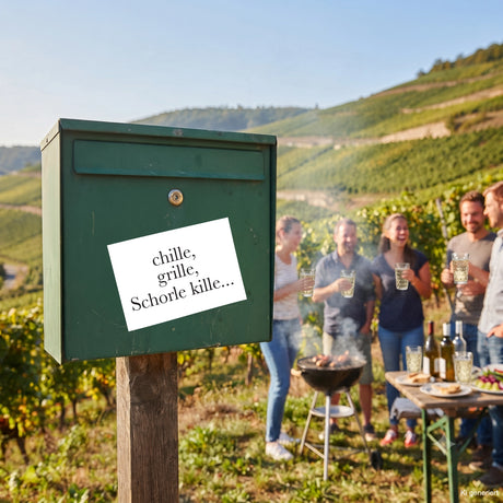 Chille, Grille, Schorle kille - Aufkleber auf einem Briefkaste in den Pfälzer Weinbergen