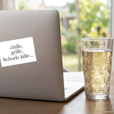 Chille, Grille, Schorle kille - Aufkleber auf einem Laptop und einer Rieslinschorle in einem Dubbeglas