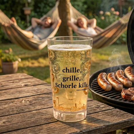 chille, grille, Schorle kille... Dubbebecher 0,5 Liter - mit Rieslingschorle entspannt grillen und in der Hängematte chillen.