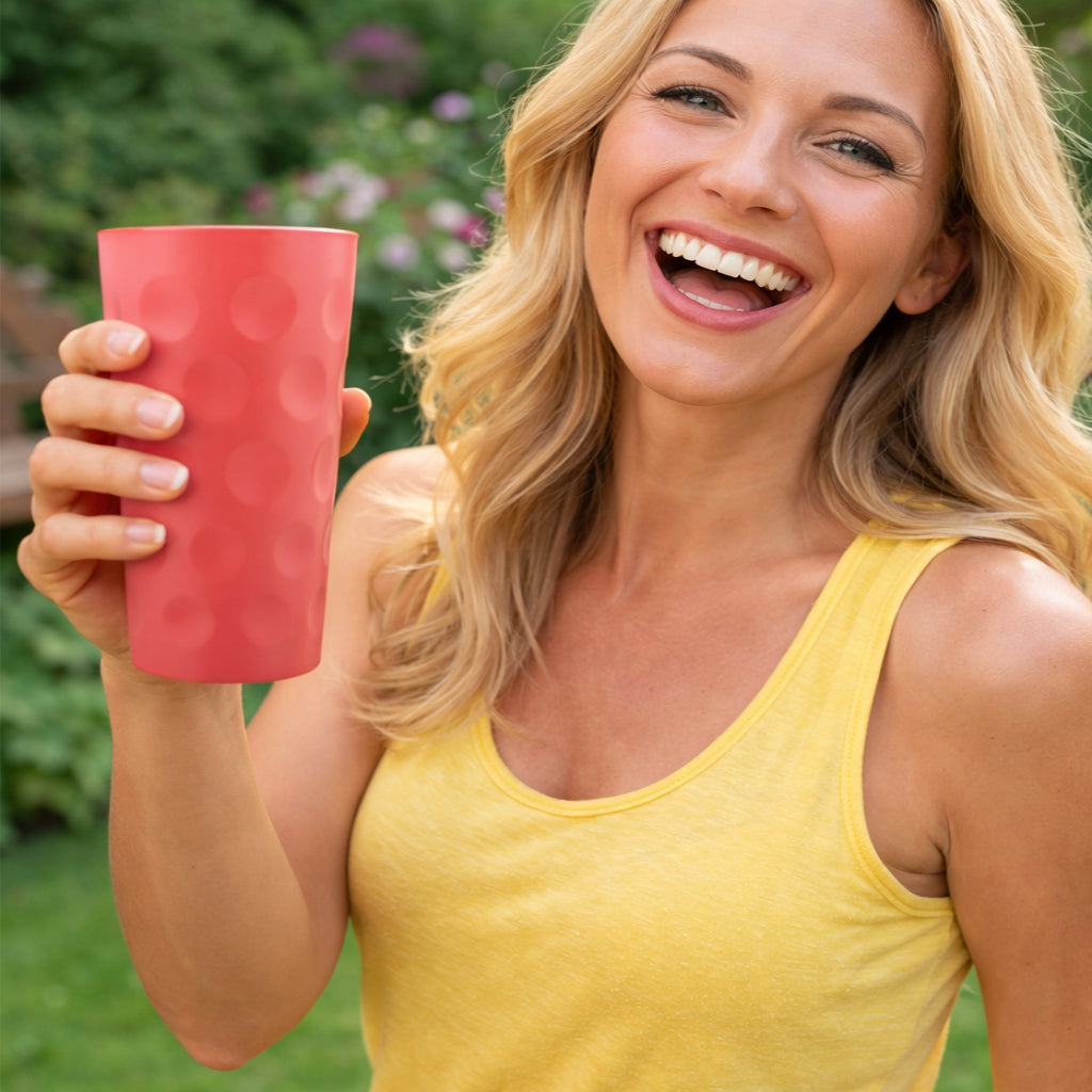 Coral farbiges Dubbeglas 0,5 L mit einer Pfälzerin im Garten