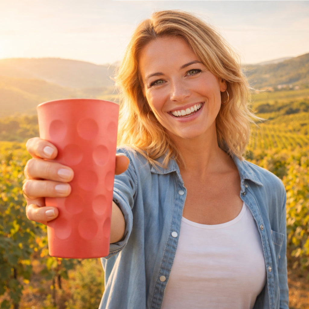 Coral farbiges Dubbeglas 0,5 L mit einer Pfälzerin in den Weinbergen