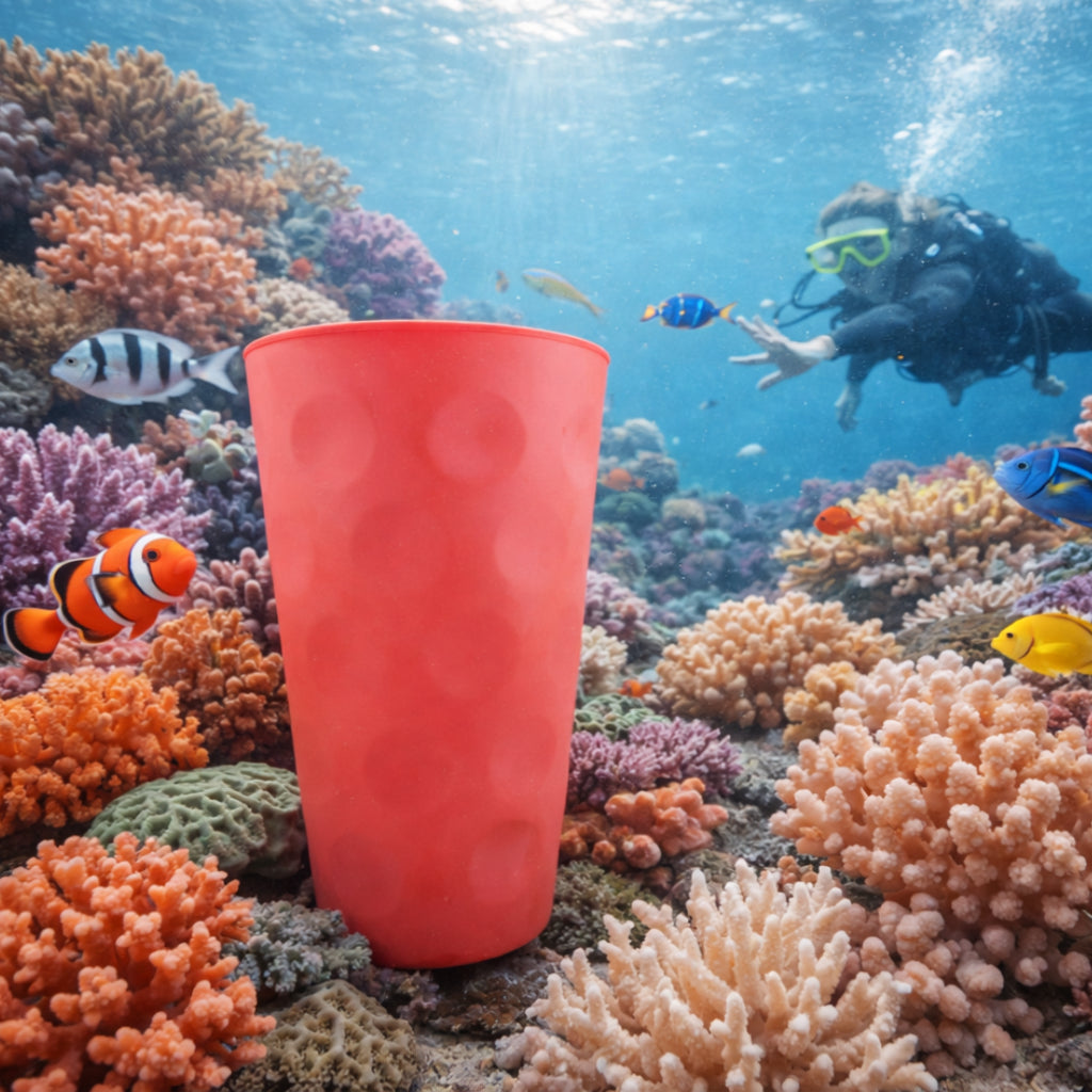 Coral farbiges Dubbeglas 0,5 L in einem Korallenriff