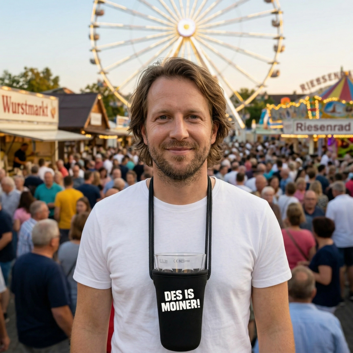 Praktisch umgehängt ist der Dubbeglashalter, jederzeit einsatzbereit auf dem Wurstmarkt in Bad Dürkheim
