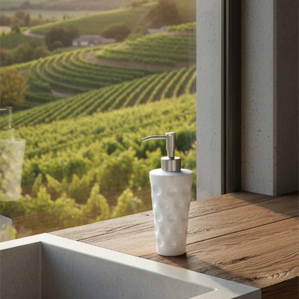 Dubbeglas Seifenspender (Griffelbuzzer) - weiß, im Badezimmer