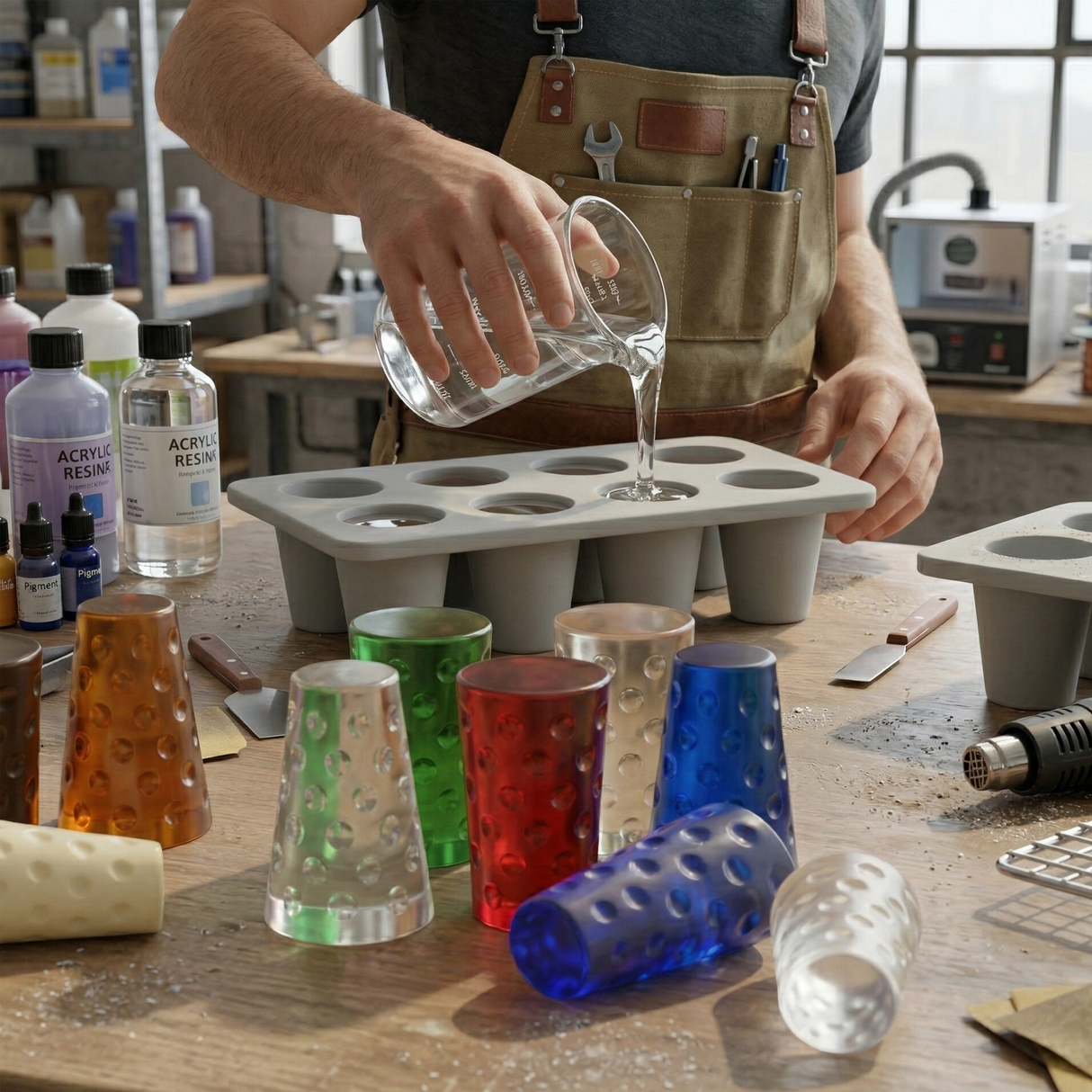 Acryl Dubbeglas Silikonform für die Herstellung von Dubbegläsern aus Acryl in verschiedenen Farben.