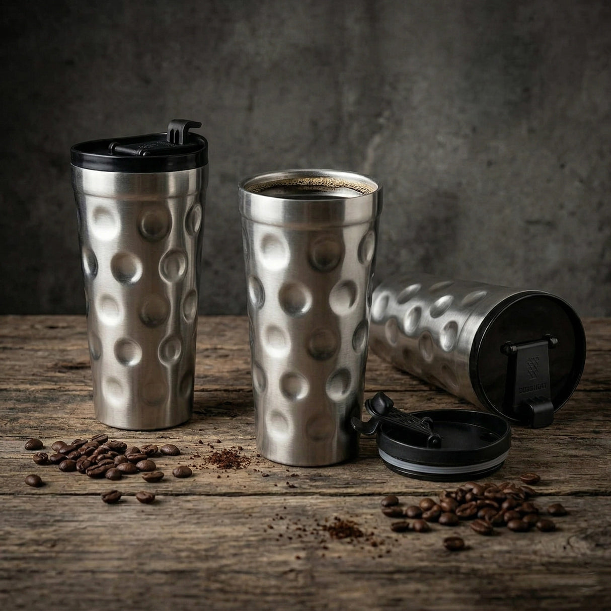 Der Dubbe Thermobecher hat rundum Dubbe wie bei einem Dubbeglas