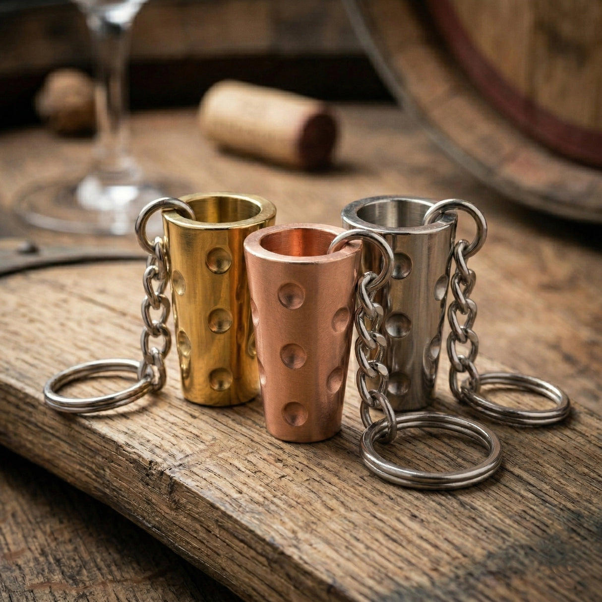 Den Dubbeglas Schlüsselanhänger gibt es in den Farben: Gold, Kupfer und Silber.