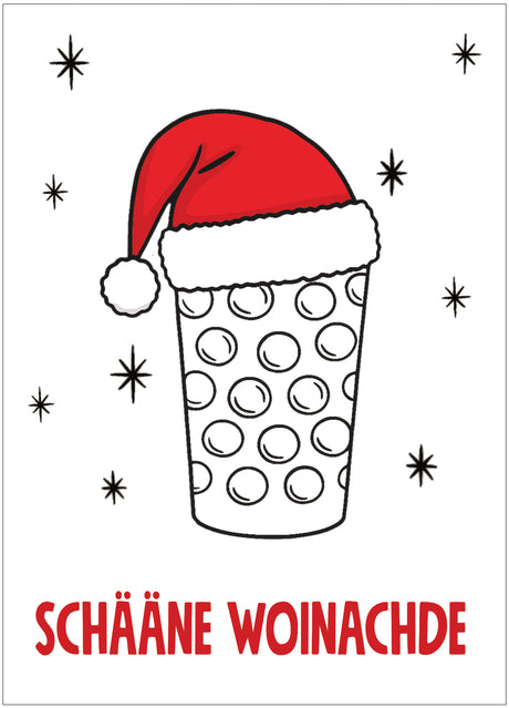 Dubbeglas mit Weihnachtsmütze - Schääne Woinachde, Pfalz Weihnachtspostkarte