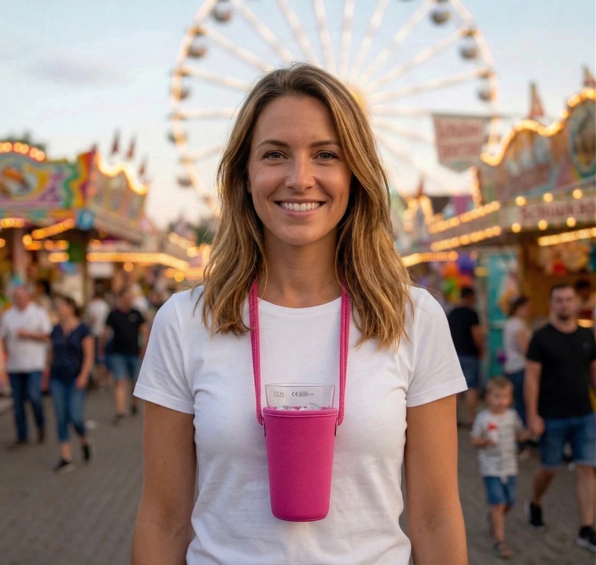 Der pink farbige Schorlehalter begleitet Dich zuverlässig durch jedes Pfälzer Weinfest