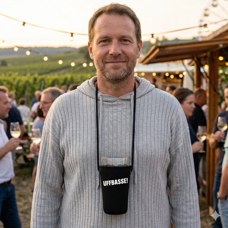 Der UFFBASSE! Dubbeglashalter mit einem Mann auf einem Pfälzer Weinfest.