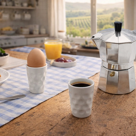 Weiße Espresso Dubbetasse und Dubbe Eierbecher auf einem Küchentisch