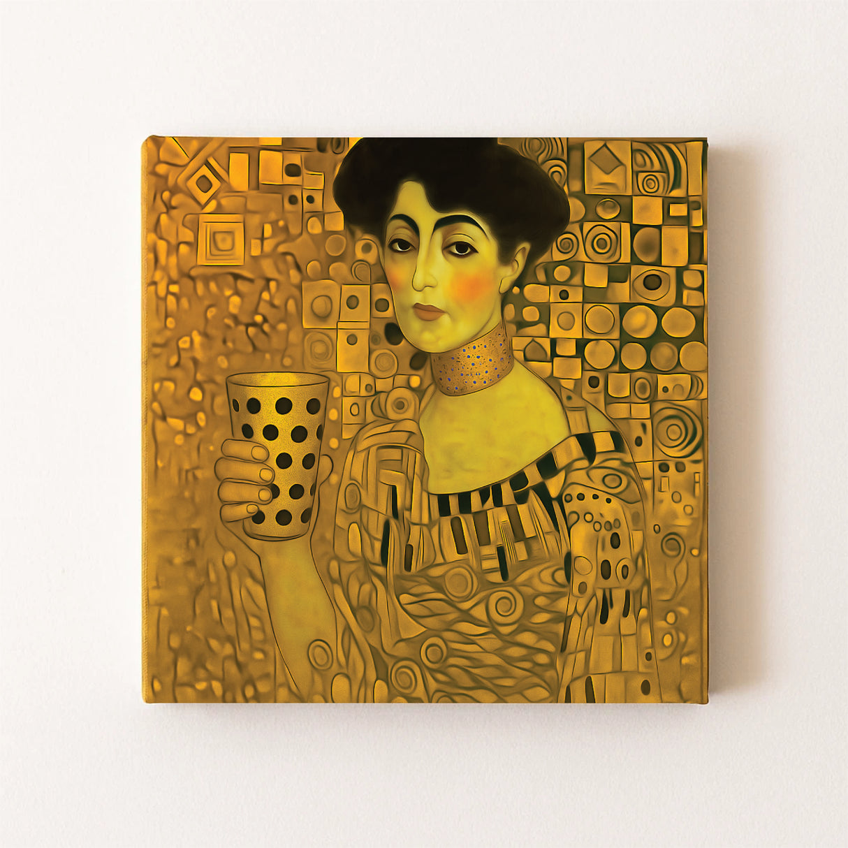 Frau in Gold mit Dubbeglas - Leinwand an weißer Wand