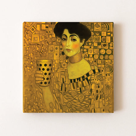 Frau in Gold mit Dubbeglas - Leinwand an weißer Wand