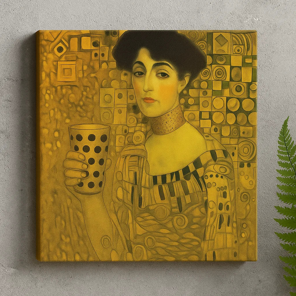 Frau in Gold mit Dubbeglas - Leinwand an Betonwand