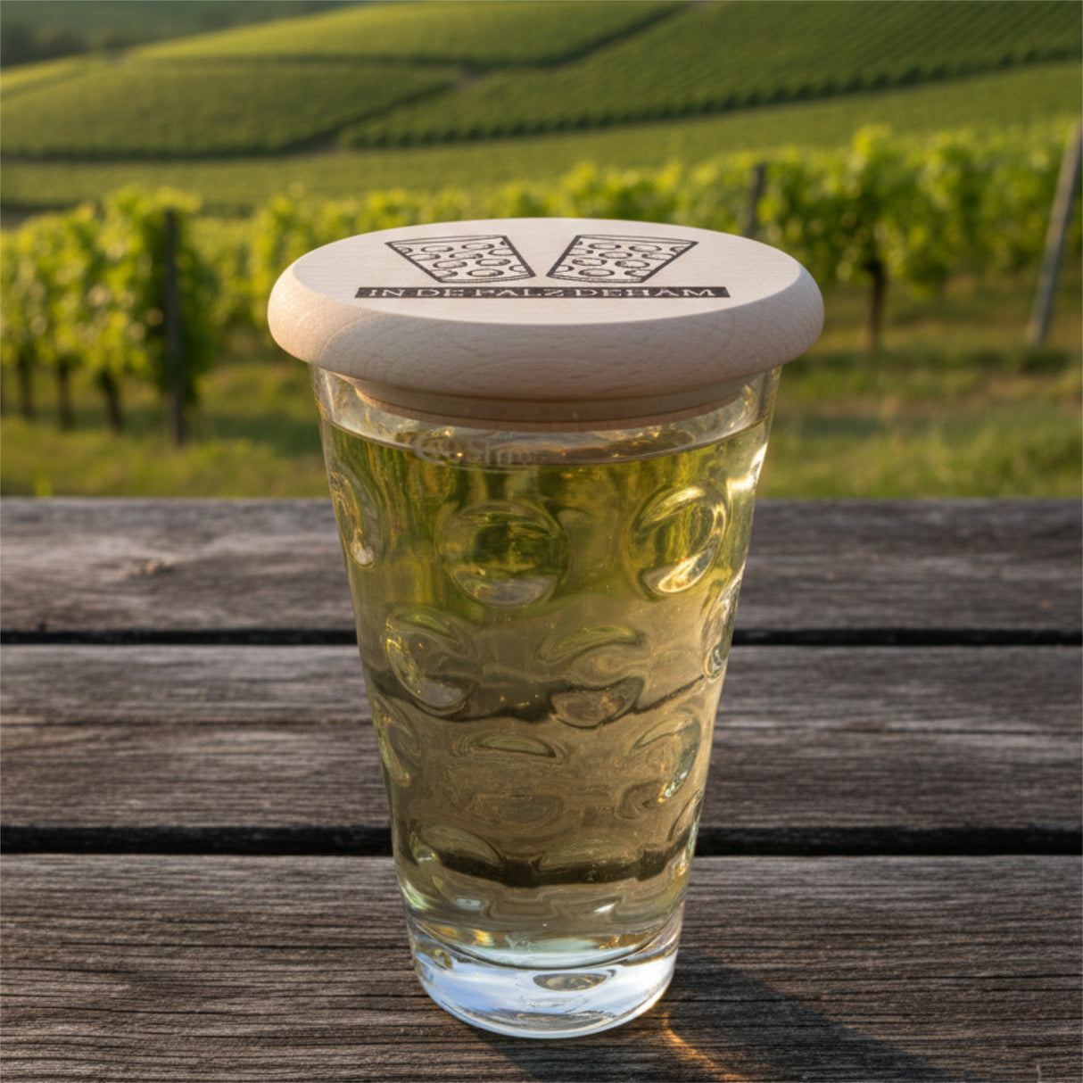 In de Palz dehäm - Dubbe-Deckel mit Aufdruck, in Weinbergen in der Pfalz