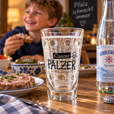 Klääner Pälzer Dubbeglas 0,25 L, mit einem kleinen Pfälzer Jungen beim Abendbrot, mit Leberwurstbrot
