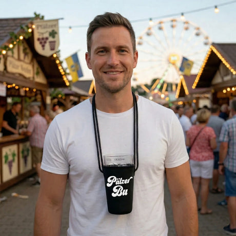 Mit dem Dubbeglashalter hast du dein 0,5 L Dubbeglas immer griffbereit auf dem Wurstmarkt in Bad Dürkheim.