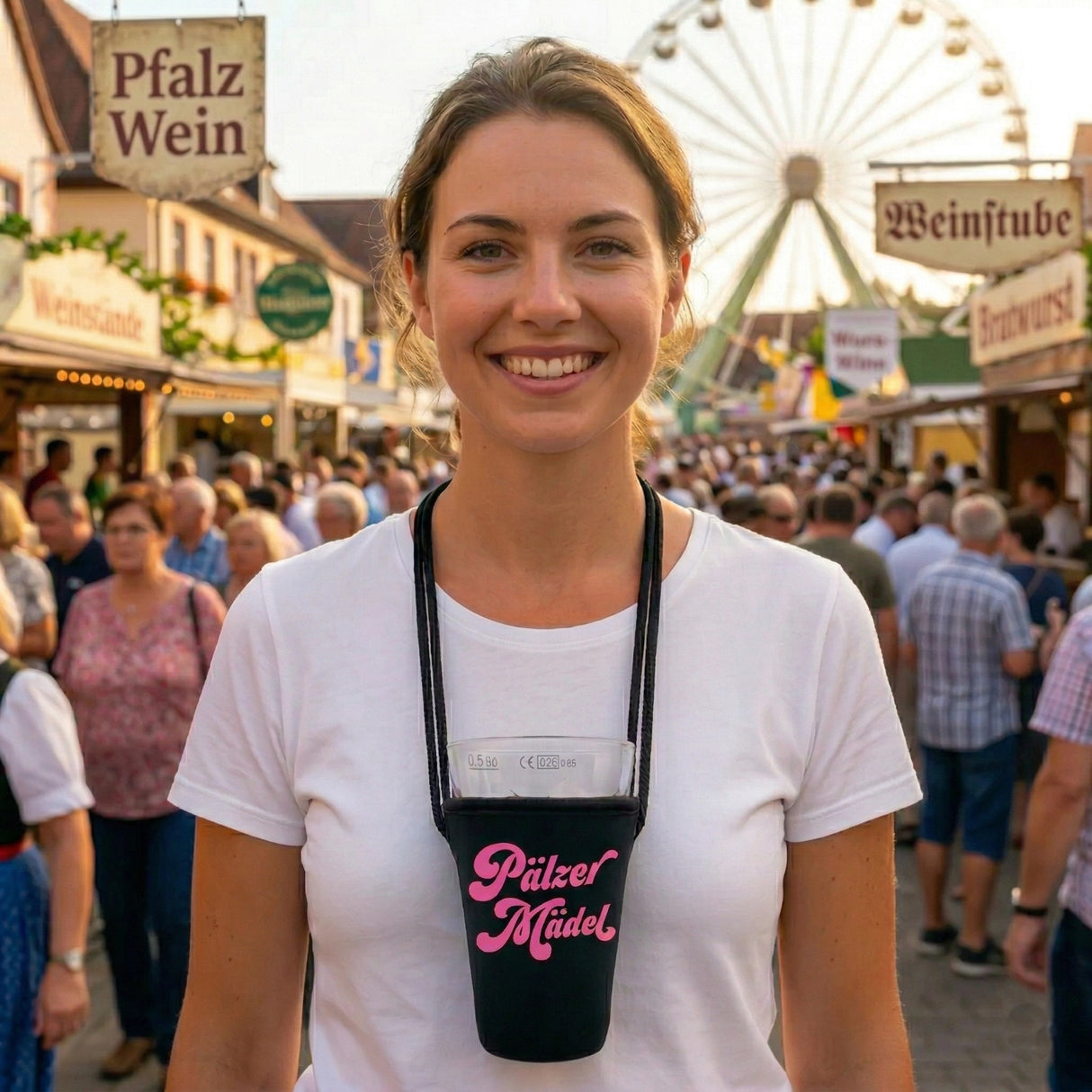 Hände frei, Schorle dabei – so feierst Du mit dem Schorlehalter entspannt auf dem Wurstmarkt in Bad Dürkheim.
