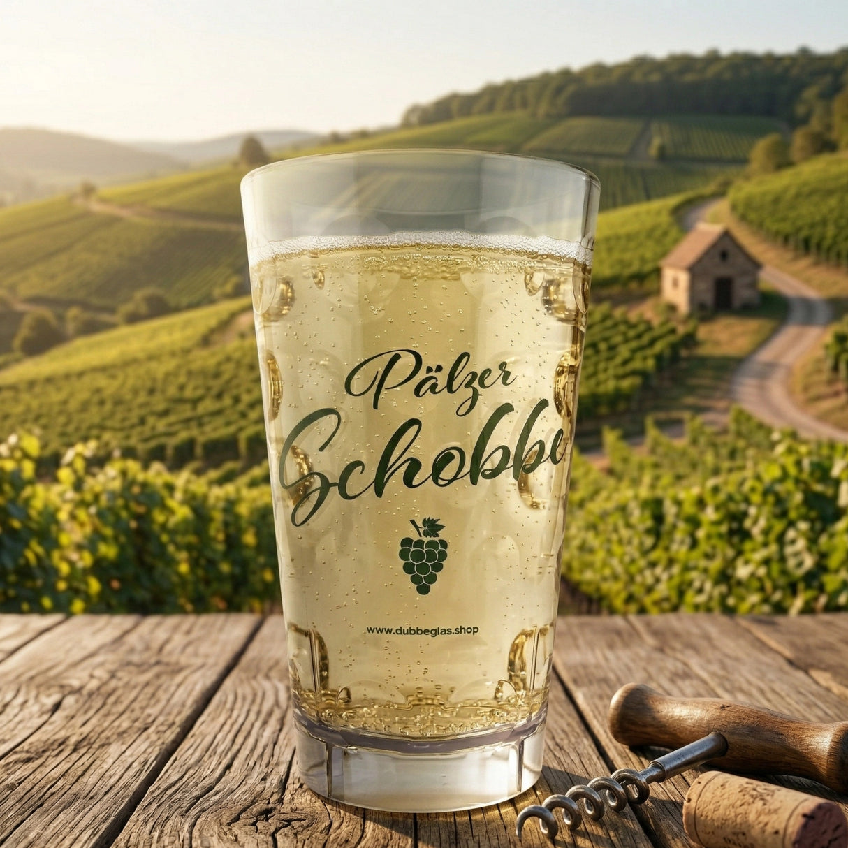 Der Pfälzer Schobbe Dubbebecher in den Weinbergen in der Pfalz.