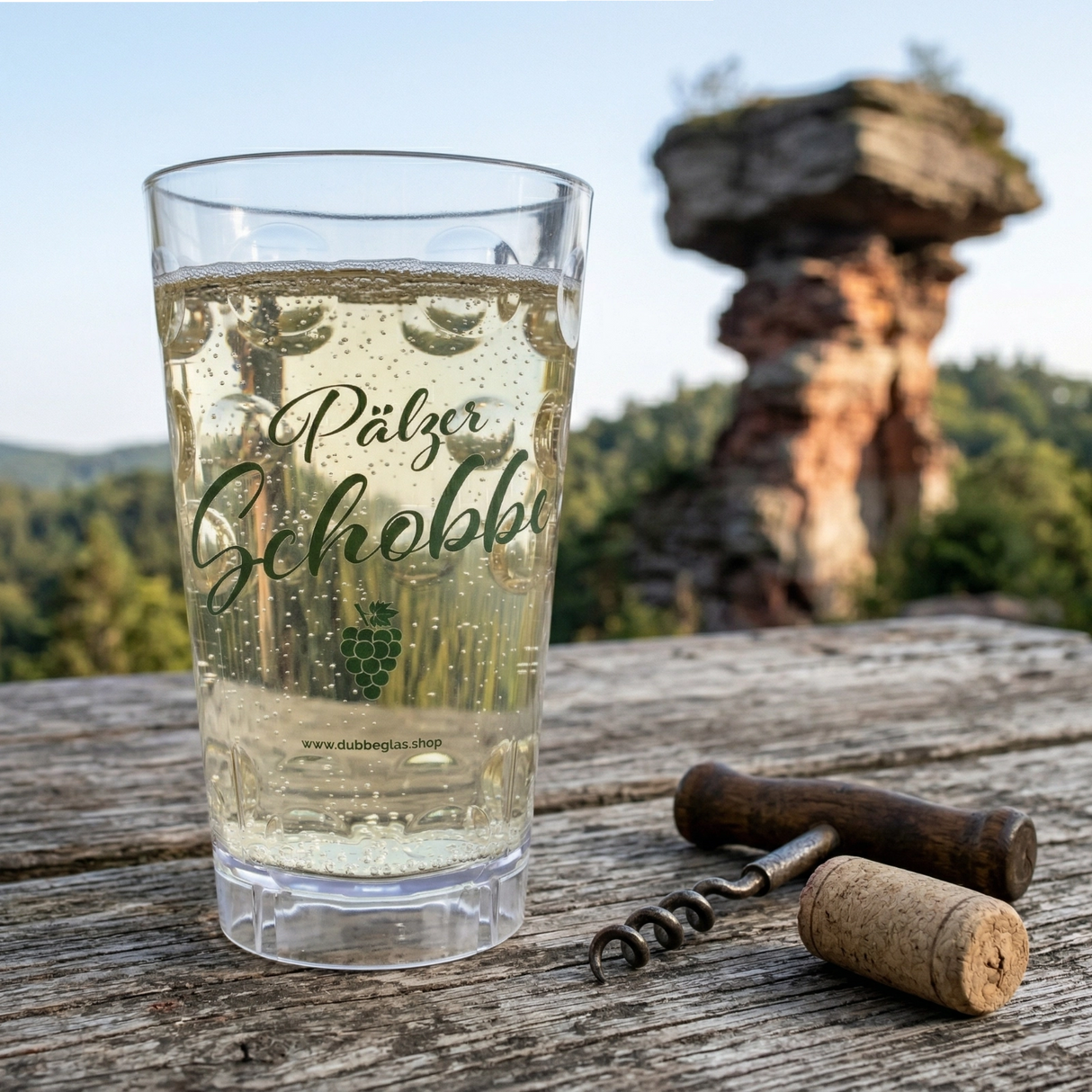 Mit dem Pälzer Schobbe Dubbebecher kannst du auch eine Pfälzer Schorle auf Ausflügen in der Pfalz trinken, z.B. am Teufelstisch.