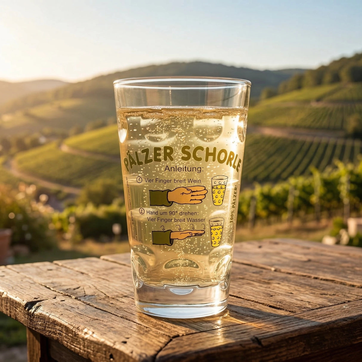 Pfälzer Schorle Dubbeglas 0,5 Liter mit Rieslingschorle in den Weinbergen