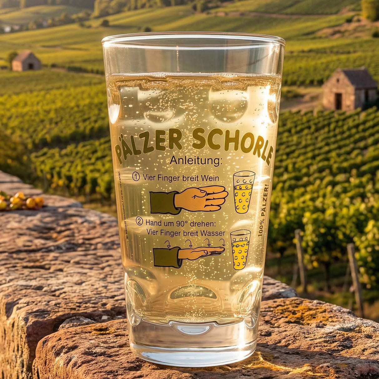 Pfälzer Schorle Dubbeglas mit Rieslingschorle in den Weinbergen