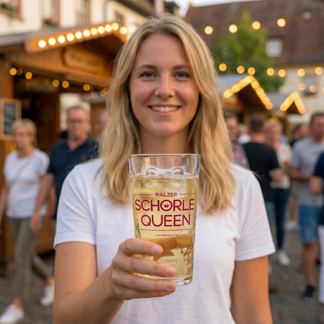 Pälzer Schorle Queen Dubbeglas 0,5 L mit einer Pfälzerin auf einem Weinfest