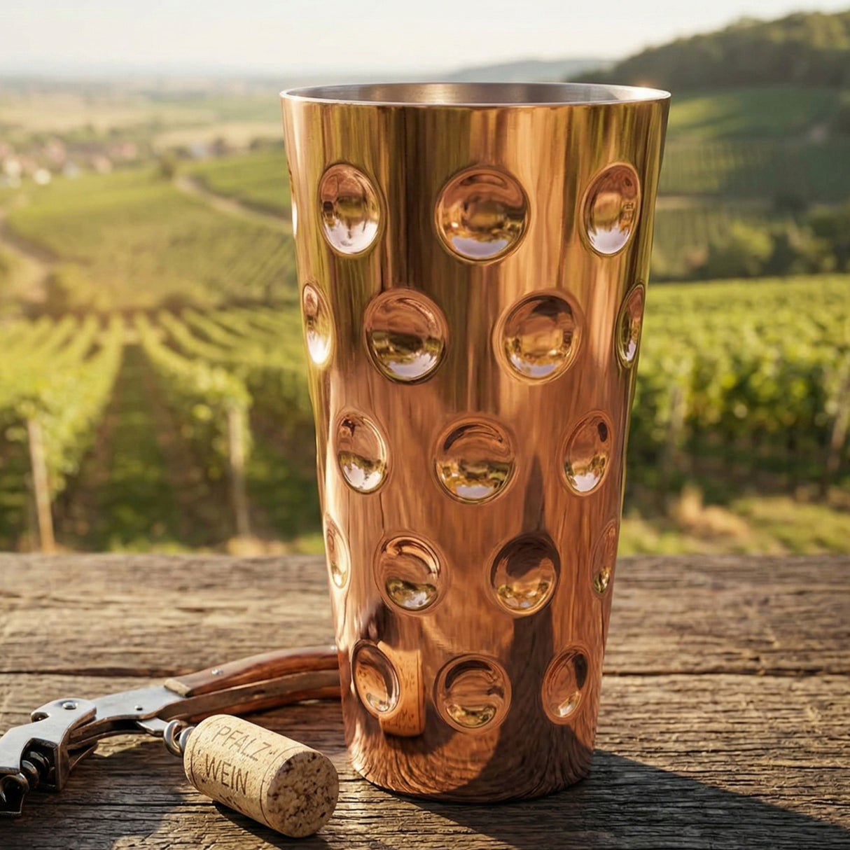 Pfälzer Schorle überall genießen – mit dem Dubbebecher aus Edelstahl in Kupfer bzw. Roségold.